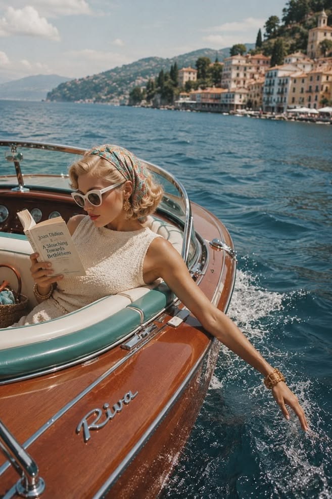 Woman on a boat reading a book with scenic coastal backdrop.