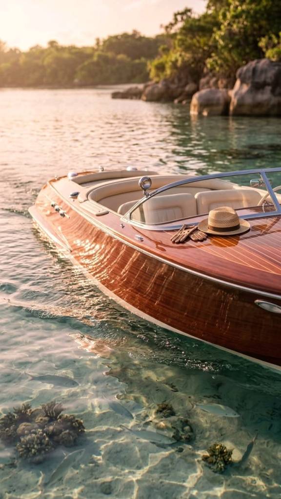 Wooden boat with a hat on the seat, floating in clear water near a tropical shoreline.