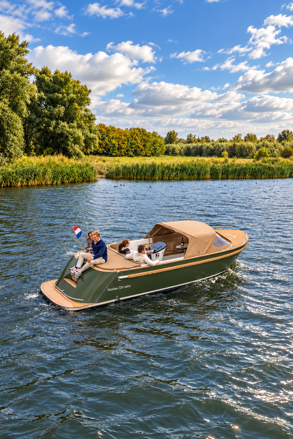 Small motorboat with two people on a river near green foliage and a cloudy sky.