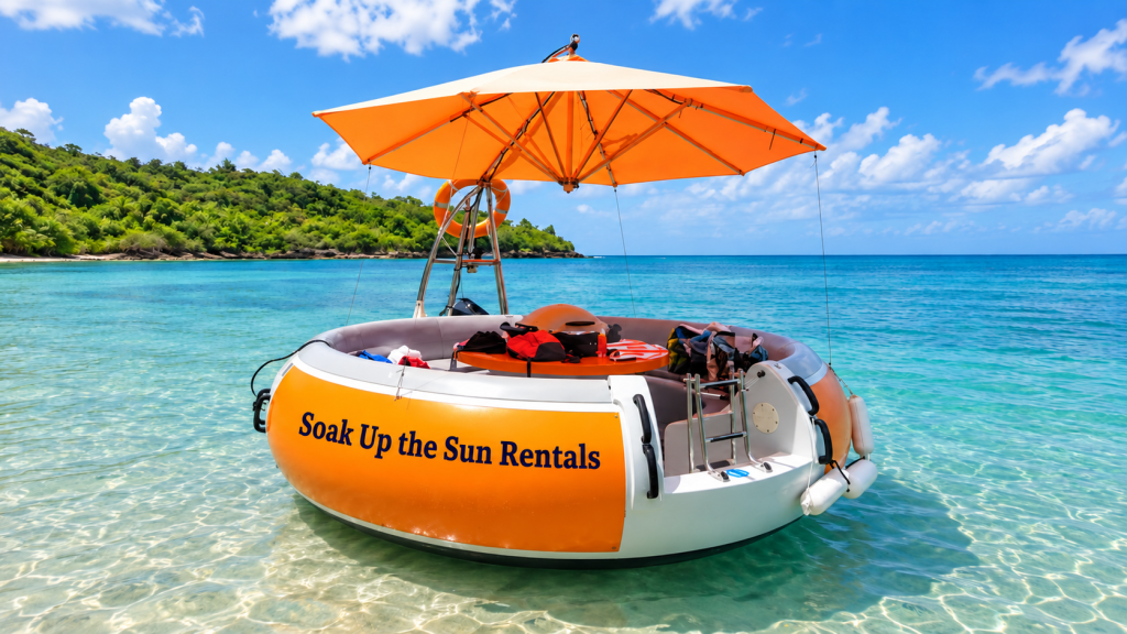 Round boat with orange umbrella in clear water near a forested shore.
