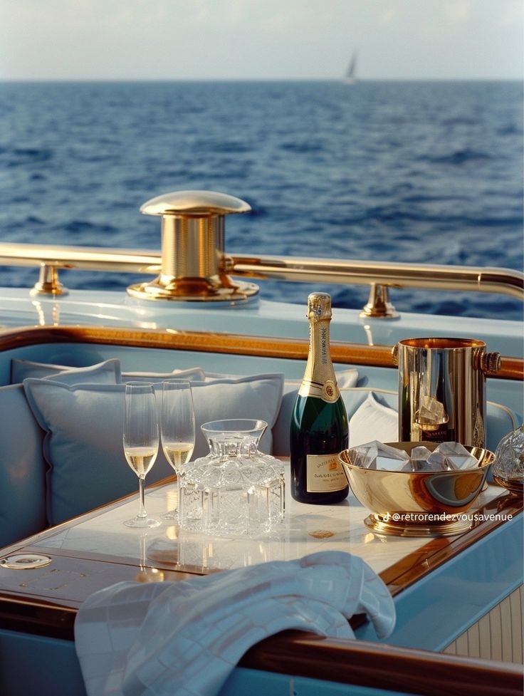 Luxury yacht deck with champagne and glasses by the sea.