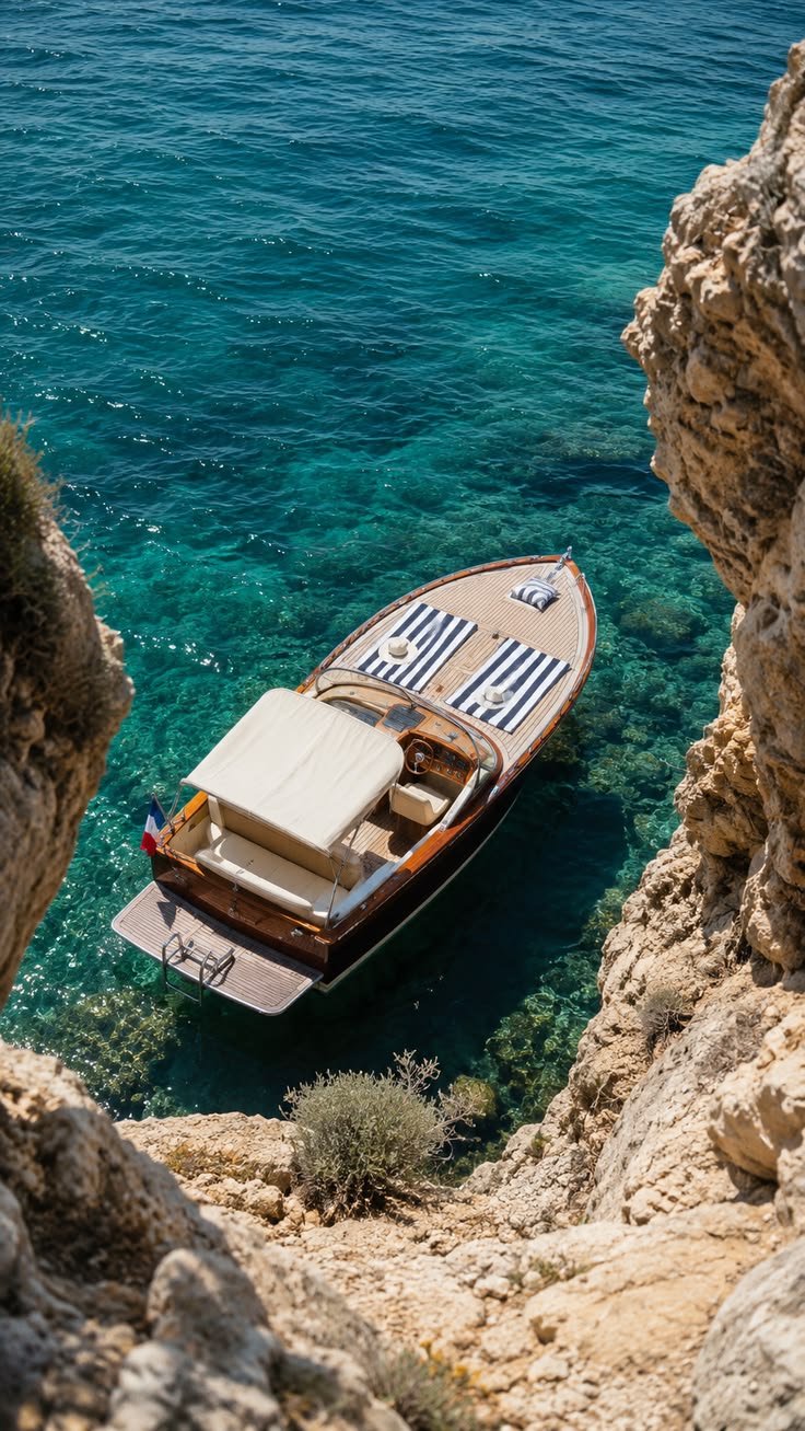 Boat with sun chairs in clear water between rocky cliffs.
